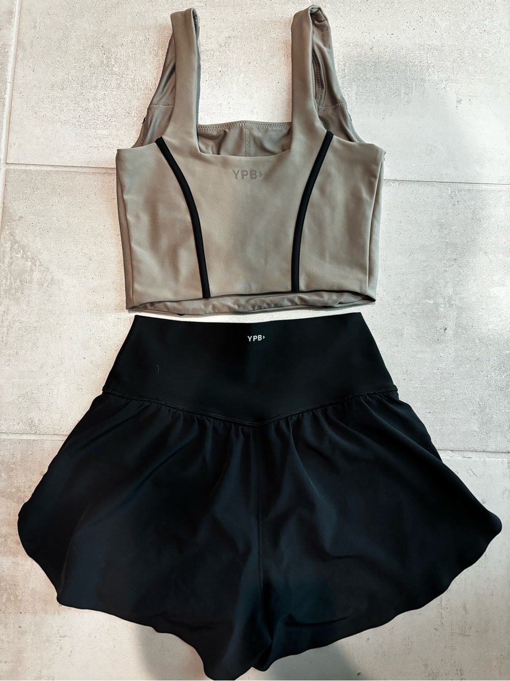 YPB Olive Green Crop Sports Top and Black Athletic Shorts